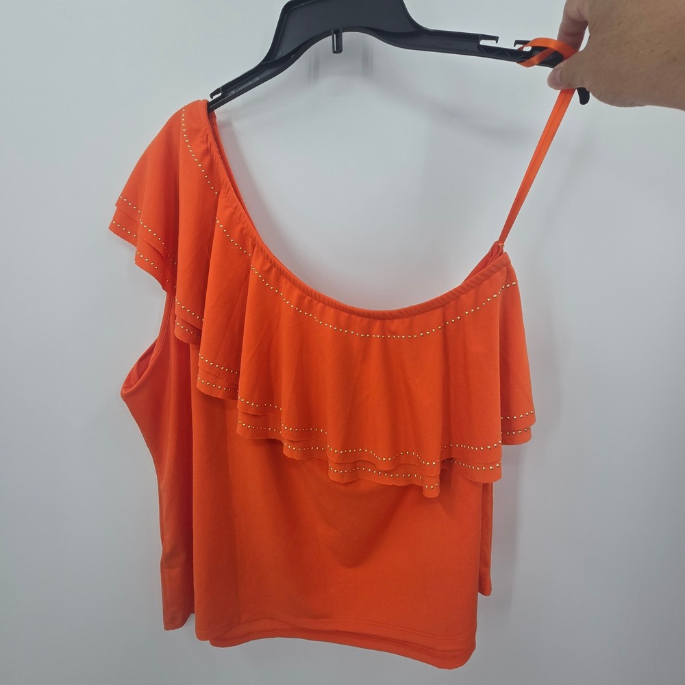 Belldini Blouse Womens 2X Orange One Shoulder Ruffle Studded Stretch